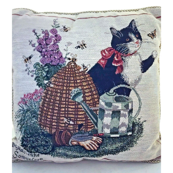 PILLOW-TAPESTRY-ADRIENNE SAMUELSON-Cat-Garden-Bees-Butterfly-Country-12" x 12" - Picture 2 of 14